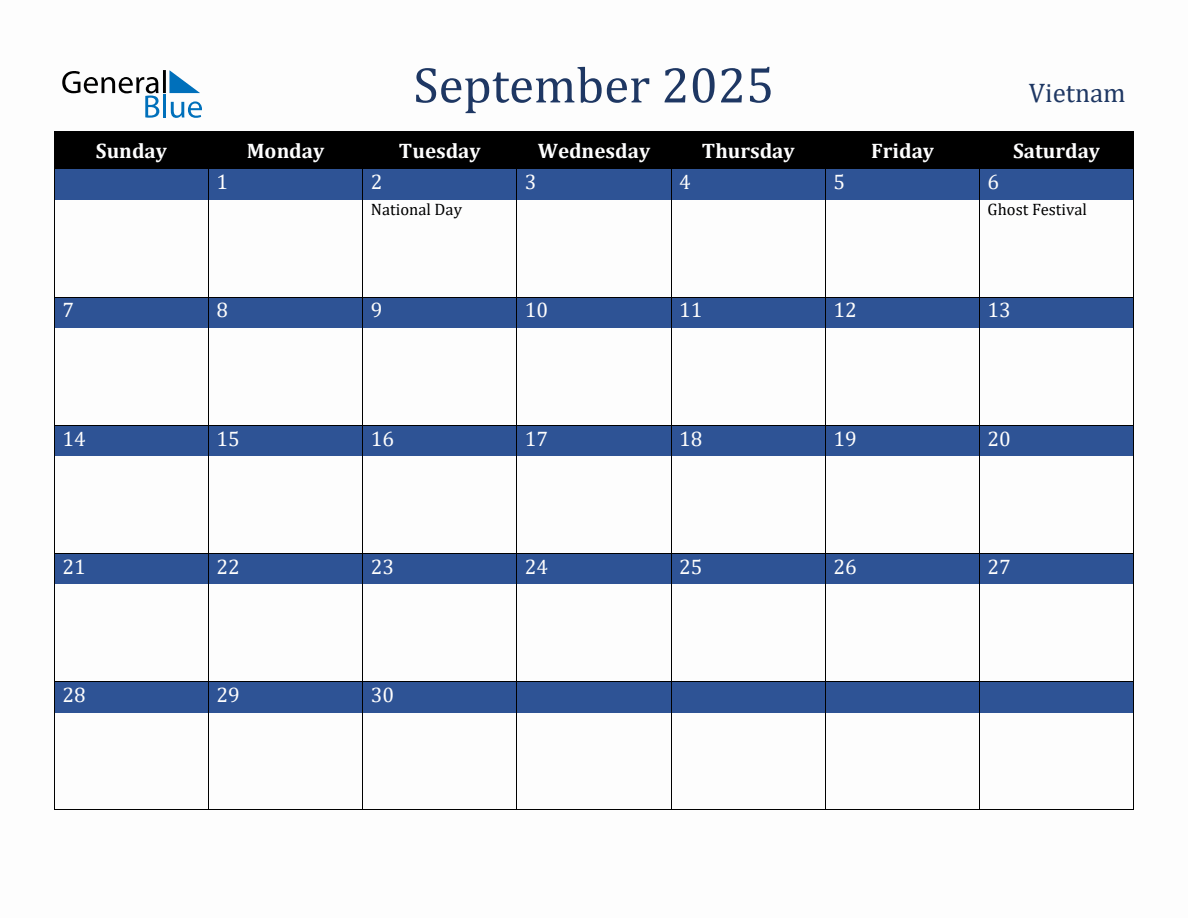 September 2025 Vietnam Holiday Calendar