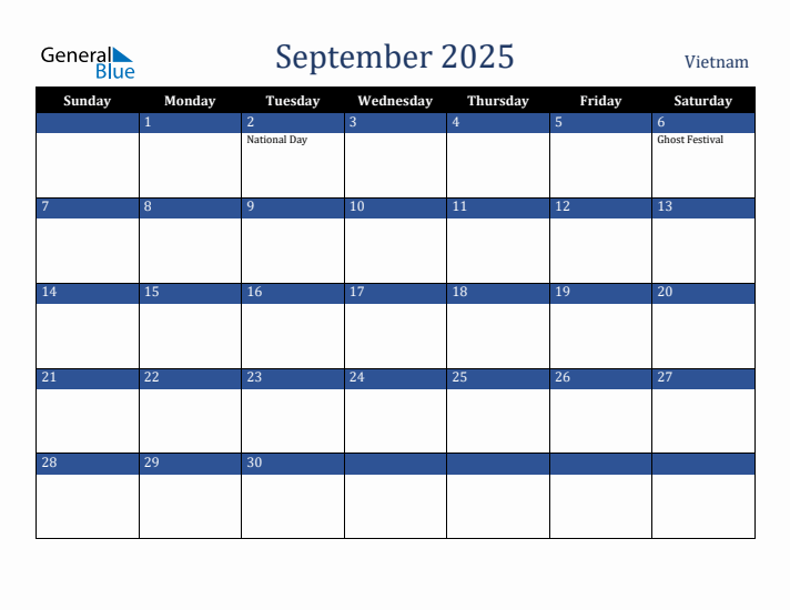 September 2025 Vietnam Calendar (Sunday Start)