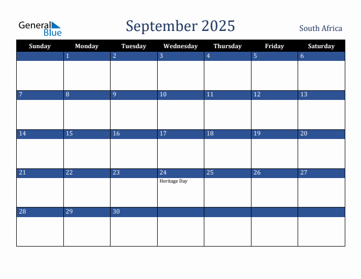 September 2025 South Africa Calendar (Sunday Start)
