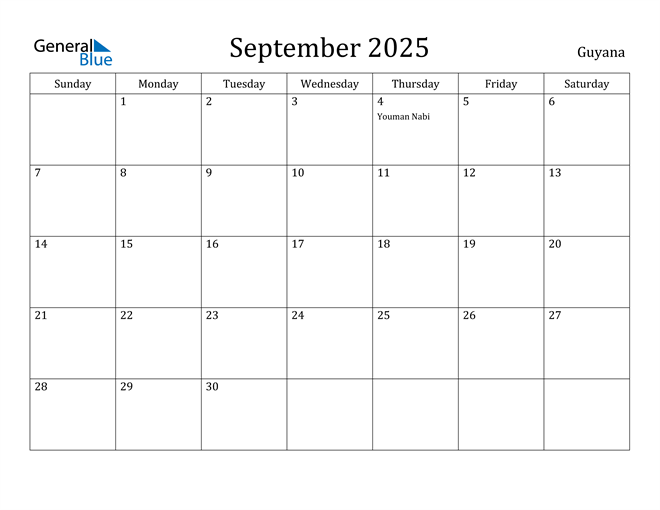 September 2025 Calendar with Guyana Holidays