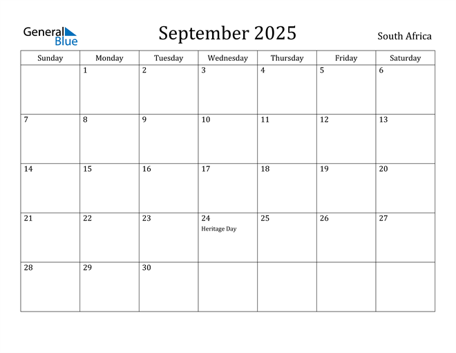 September 2025 Calendar with South Africa Holidays