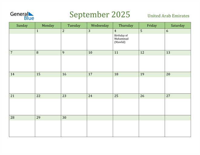 September 2025 Calendar with United Arab Emirates Holidays