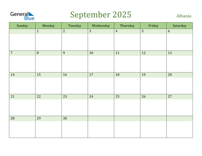 Albania September 2025 Calendar with Holidays