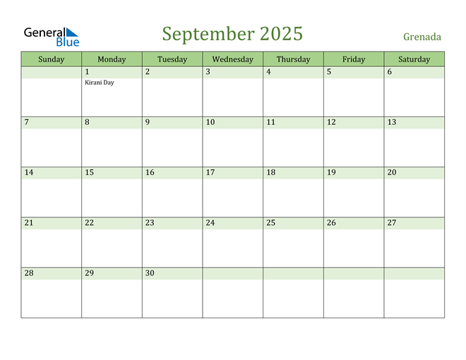 September 2025 Calendar with Grenada Holidays