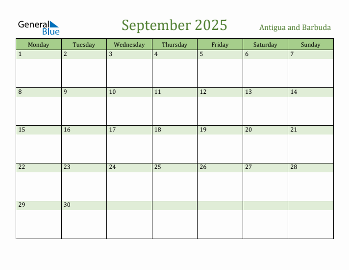 September 2025 Calendar with Antigua and Barbuda Holidays
