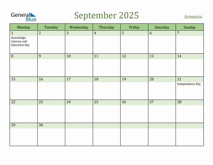 September 2025 Calendar with Armenia Holidays
