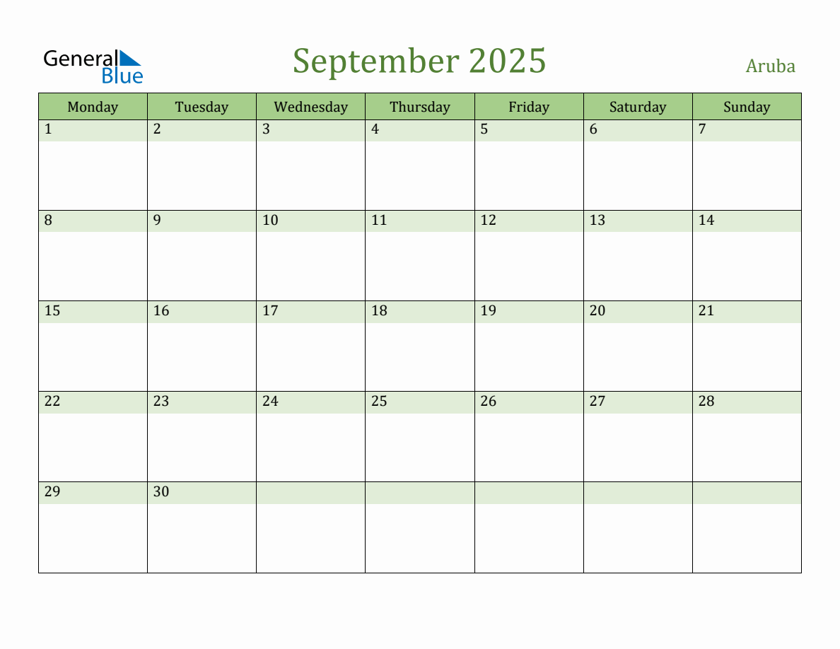 Fillable Holiday Calendar for Aruba September 2025