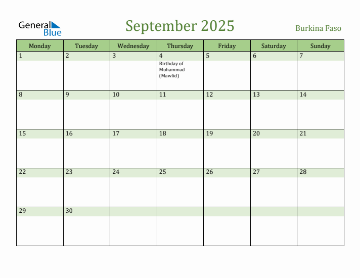 September 2025 Calendar with Burkina Faso Holidays