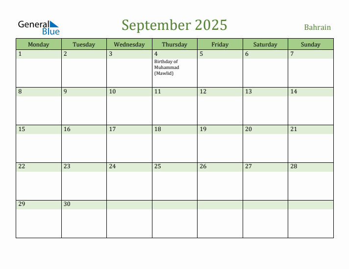 September 2025 Calendar with Bahrain Holidays