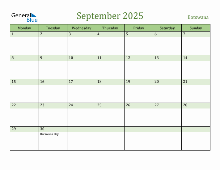 September 2025 Calendar with Botswana Holidays