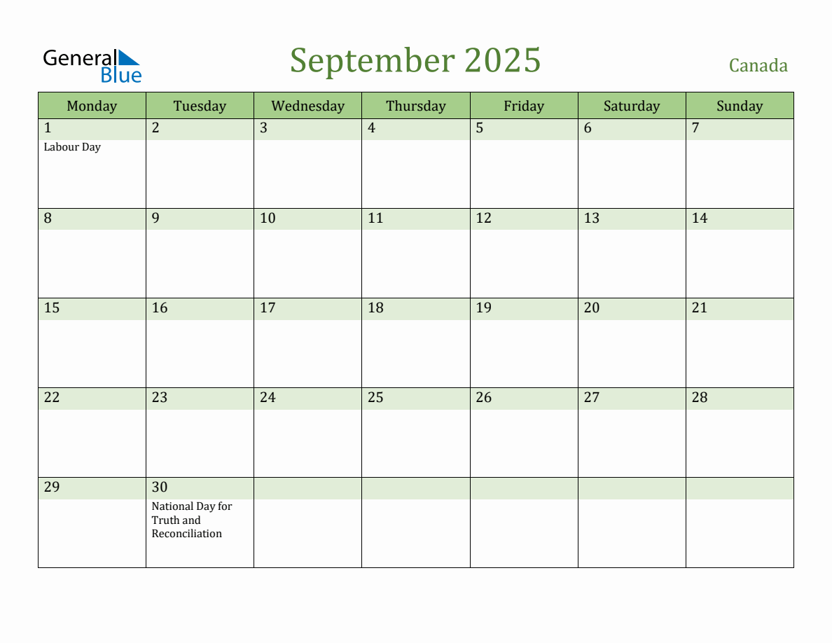 Fillable Holiday Calendar for Canada September 2025