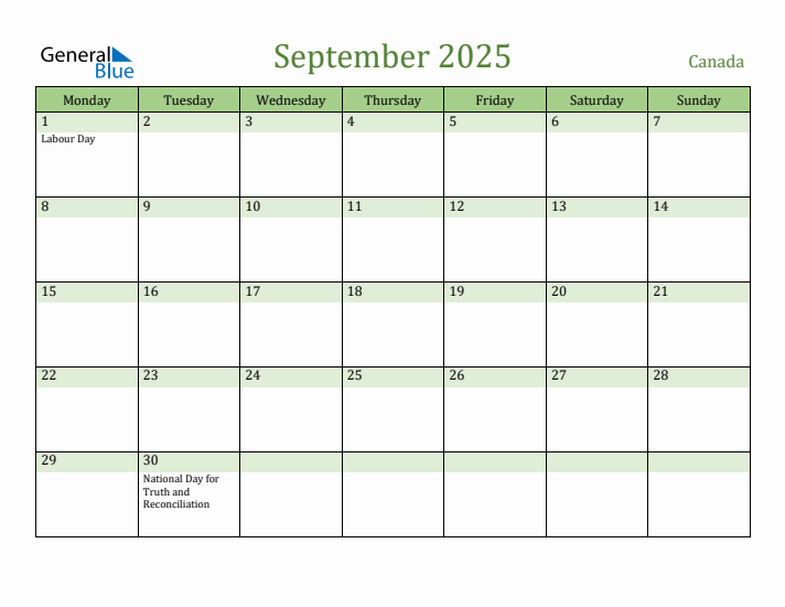 September 2025 Canada Monthly Calendar with Holidays