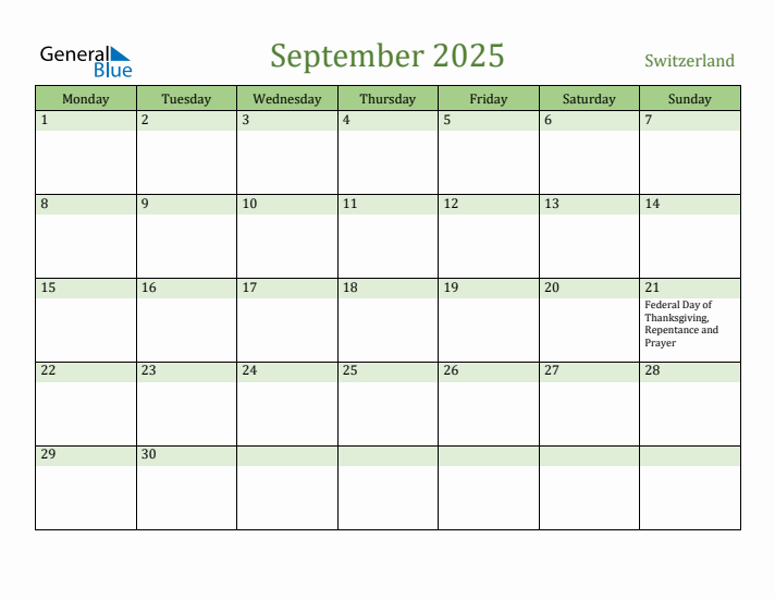 September 2025 Calendar with Switzerland Holidays