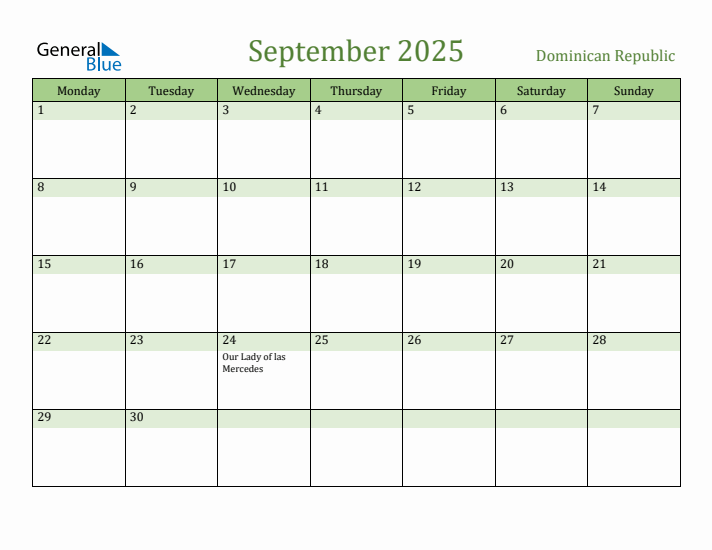 September 2025 Calendar with Dominican Republic Holidays