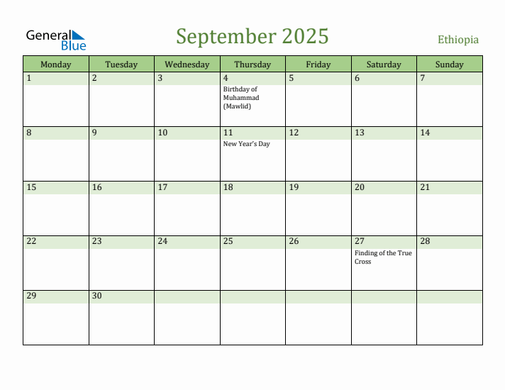 September 2025 Calendar with Ethiopia Holidays