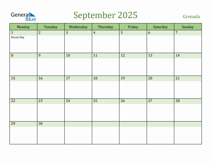 September 2025 Calendar with Grenada Holidays