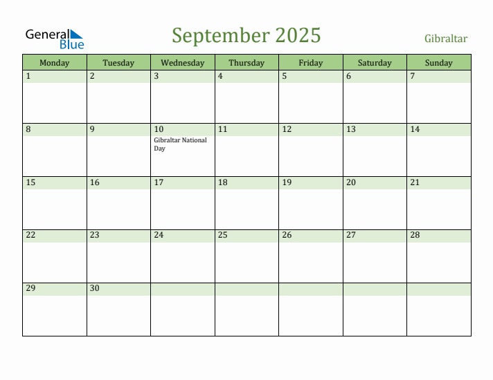 September 2025 Calendar with Gibraltar Holidays