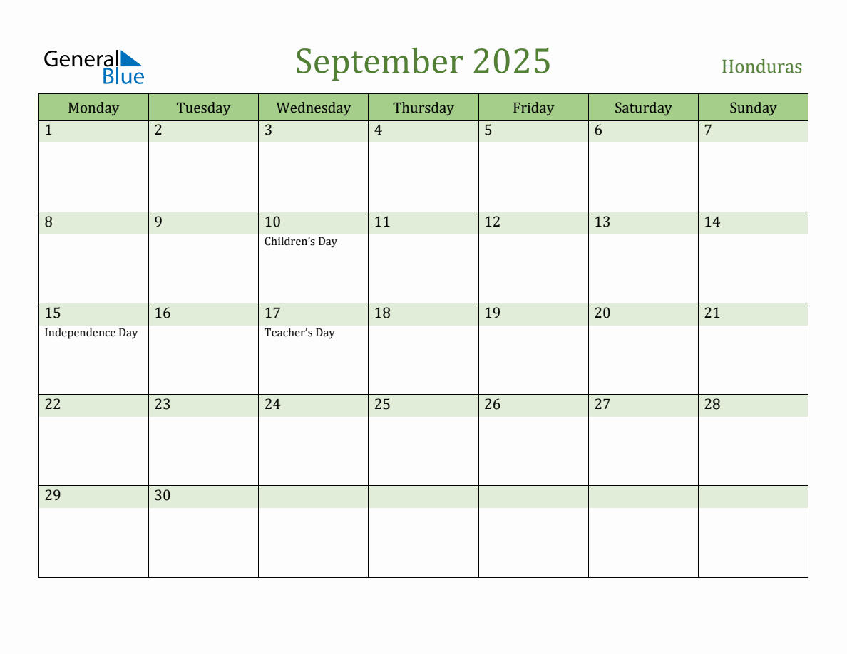 Fillable Holiday Calendar for Honduras September 2025