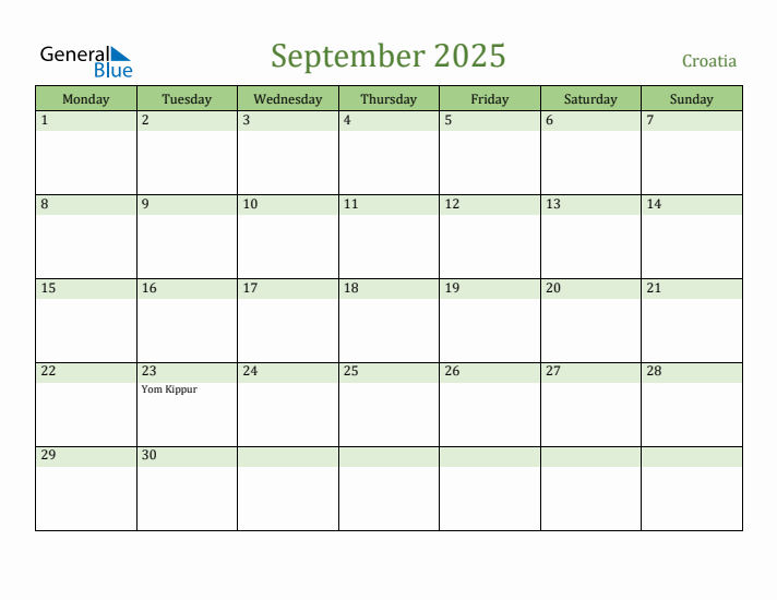 September 2025 Calendar with Croatia Holidays