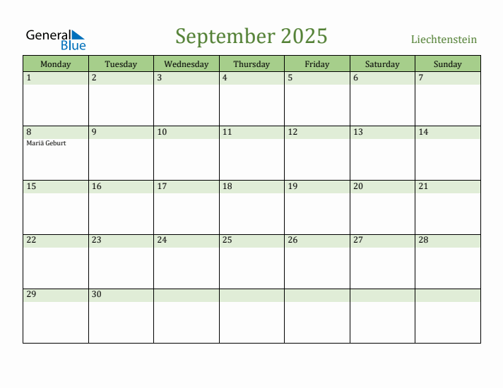 September 2025 Calendar with Liechtenstein Holidays