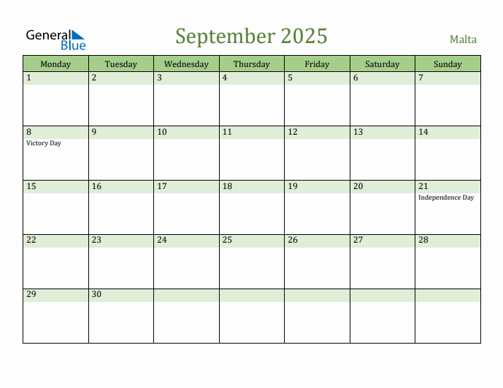 September 2025 Calendar with Malta Holidays