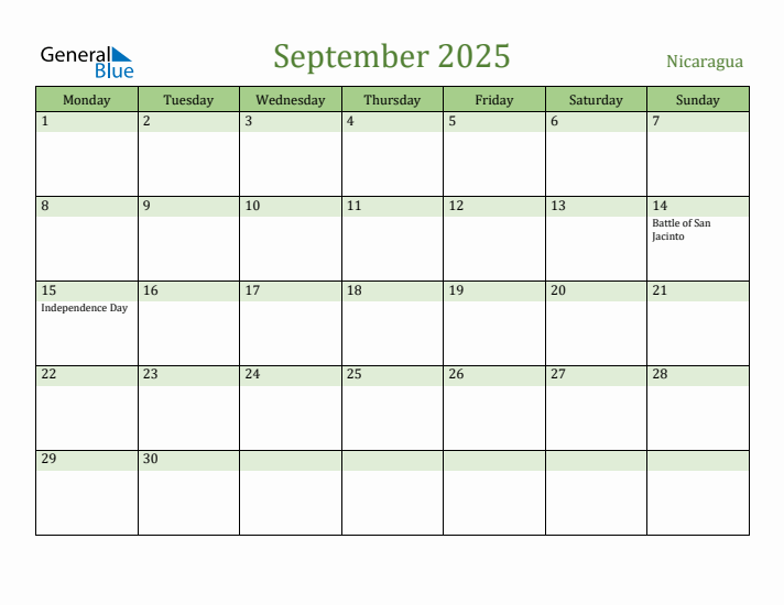 September 2025 Calendar with Nicaragua Holidays