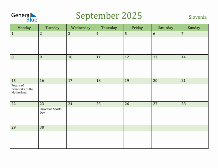 September 2025 Calendar with Slovenia Holidays