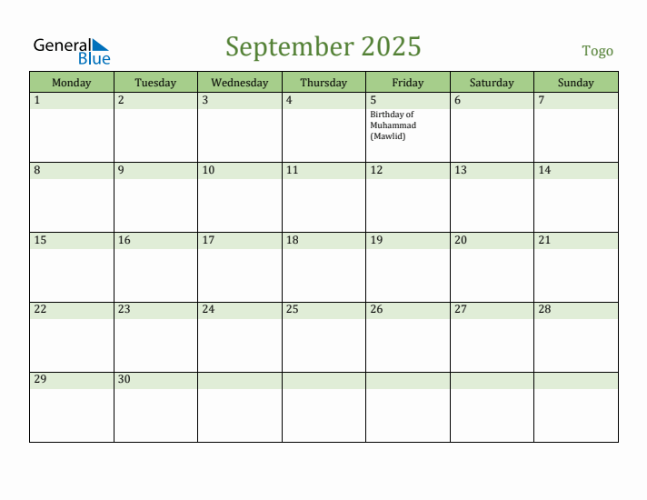 September 2025 Calendar with Togo Holidays
