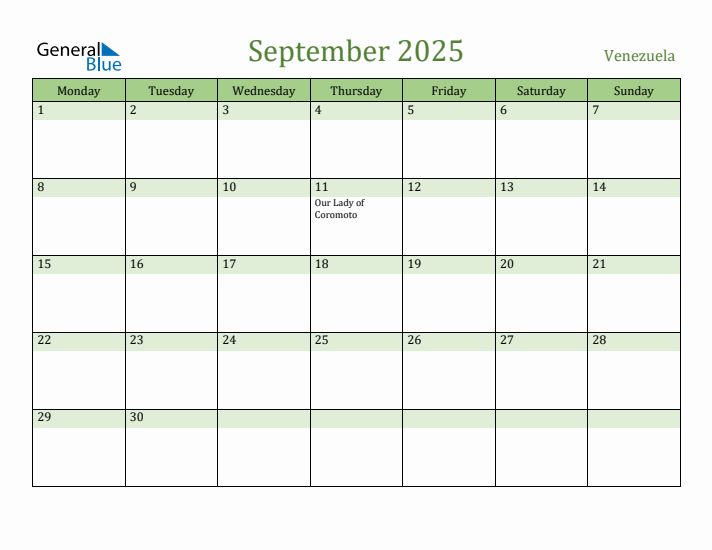 September 2025 Calendar with Venezuela Holidays