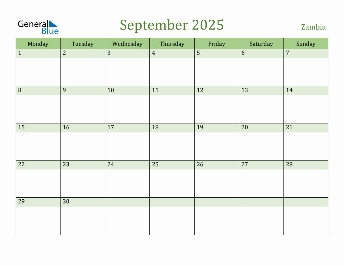 Fillable Holiday Calendar for Zambia September 2025