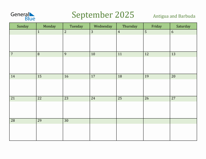 September 2025 Calendar with Antigua and Barbuda Holidays
