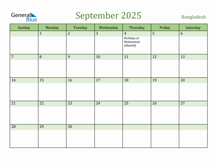September 2025 Calendar with Bangladesh Holidays