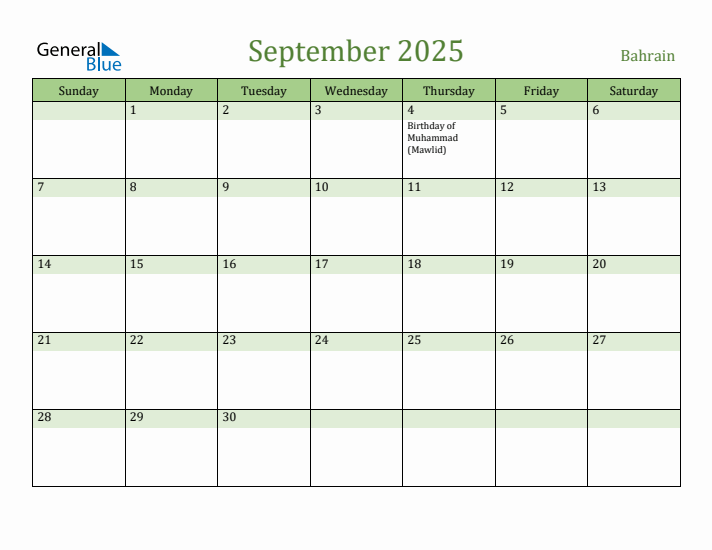 September 2025 Calendar with Bahrain Holidays