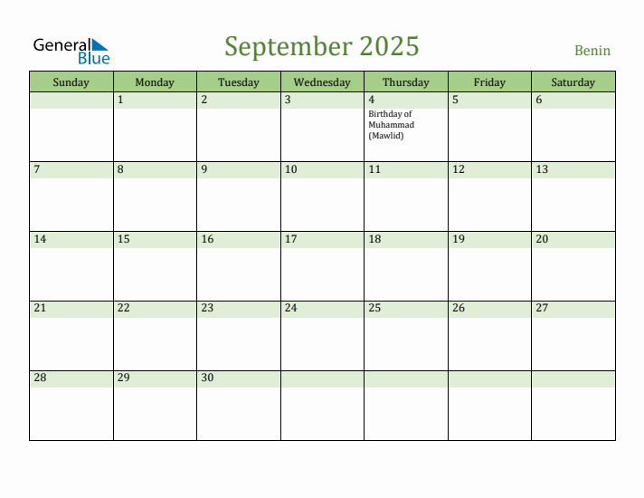 September 2025 Calendar with Benin Holidays
