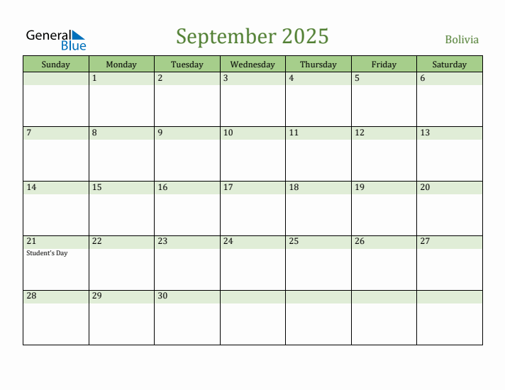 September 2025 Calendar with Bolivia Holidays