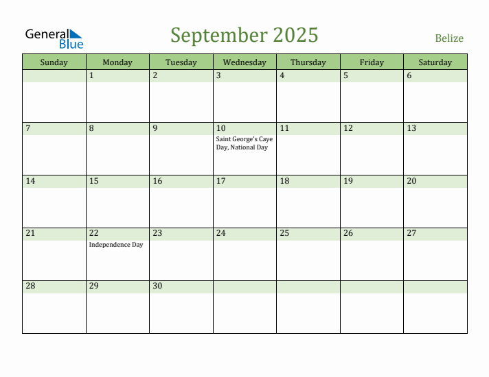 September 2025 Calendar with Belize Holidays