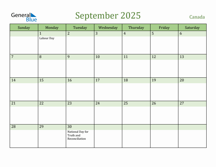 September 2025 Calendar with Canada Holidays