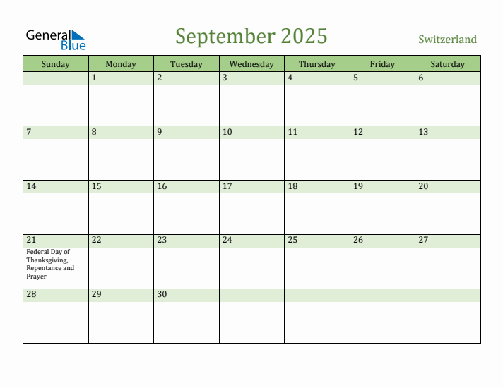 September 2025 Calendar with Switzerland Holidays