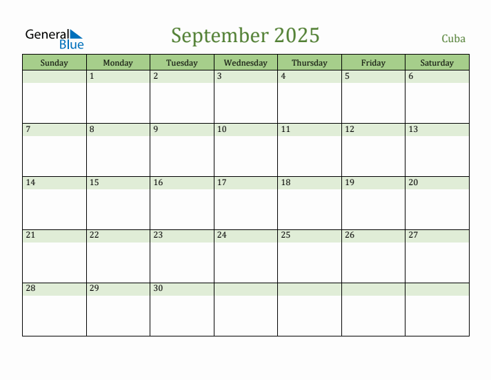 September 2025 Calendar with Cuba Holidays