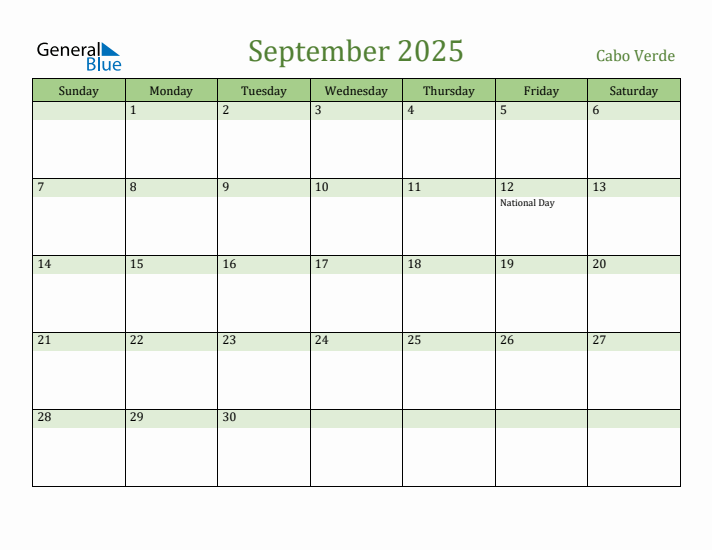 September 2025 Calendar with Cabo Verde Holidays