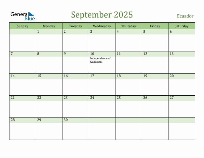 September 2025 Calendar with Ecuador Holidays