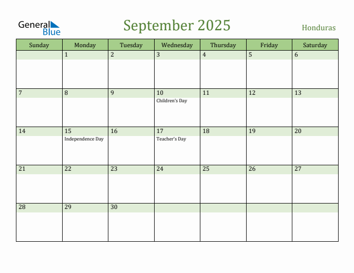 September 2025 Calendar with Honduras Holidays