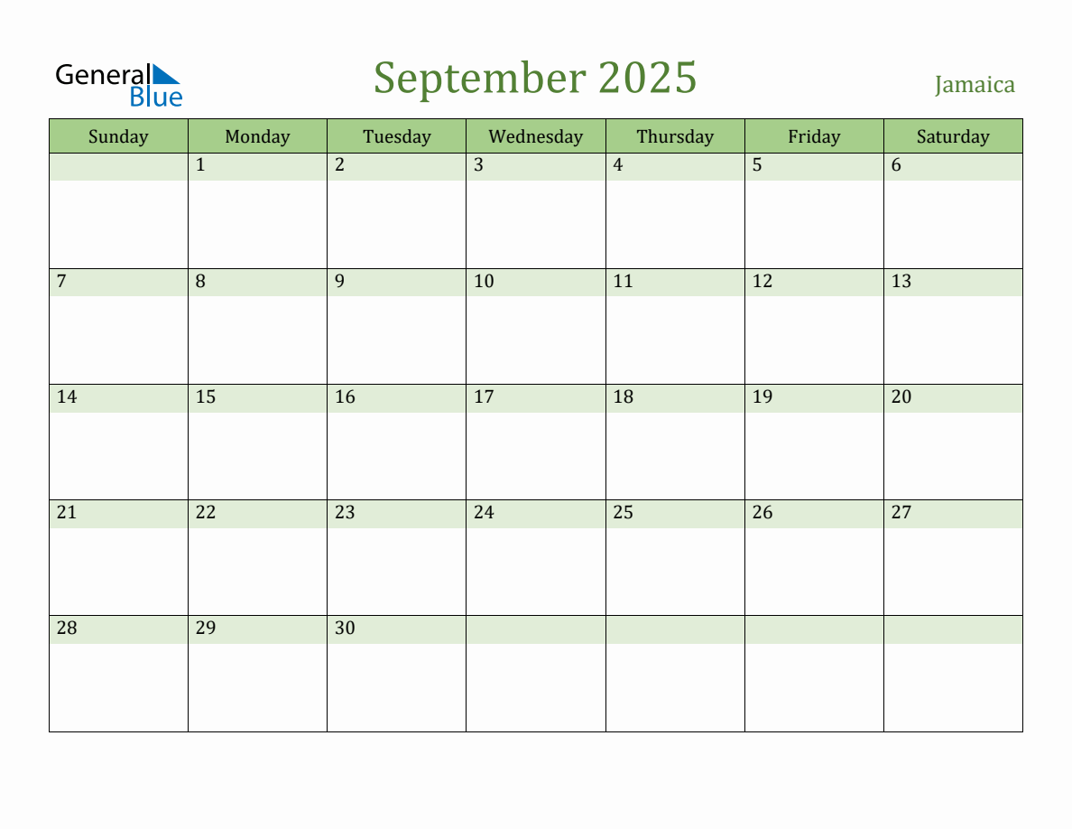 Fillable Holiday Calendar for Jamaica September 2025