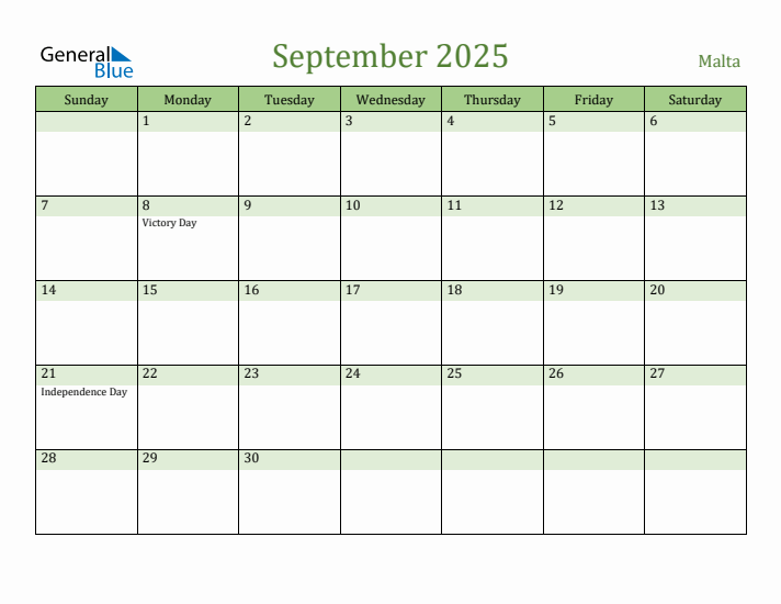 September 2025 Calendar with Malta Holidays
