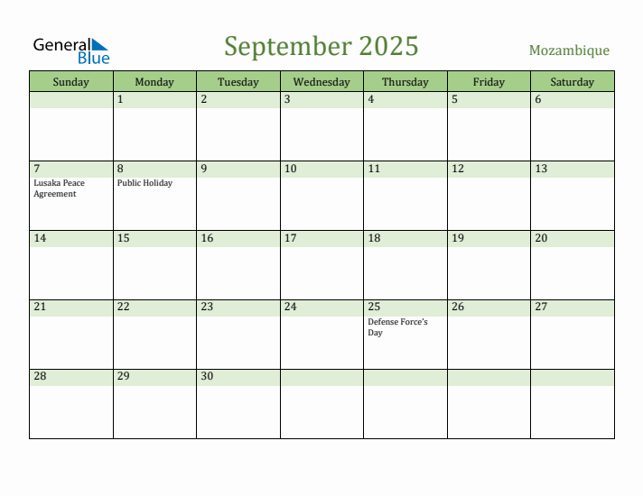 September 2025 Calendar with Mozambique Holidays