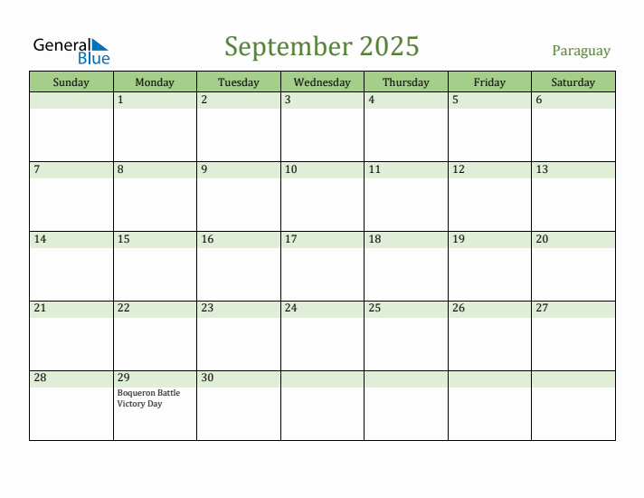 September 2025 Calendar with Paraguay Holidays