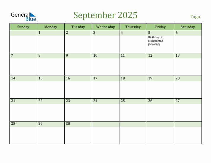 September 2025 Calendar with Togo Holidays
