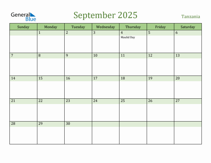 September 2025 Calendar with Tanzania Holidays
