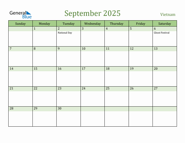 September 2025 Calendar with Vietnam Holidays