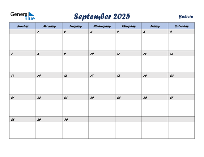 Bolivia September 2025 Calendar with Holidays